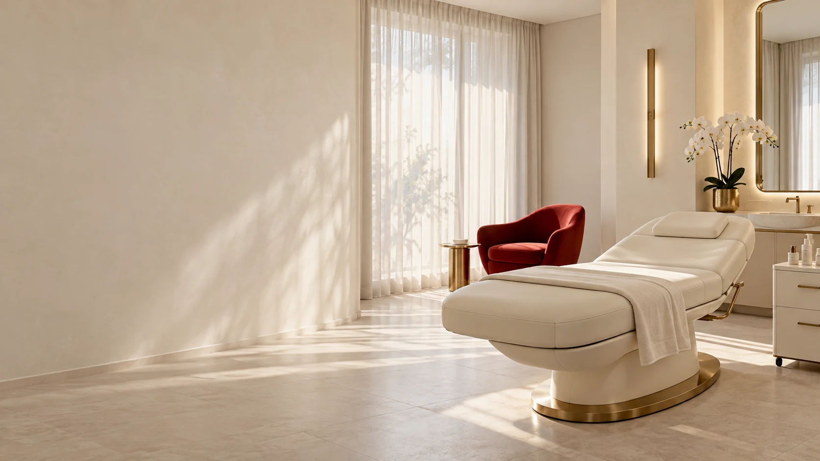 Cabina de tratamiento de Aurea en crema, dorado y una butaca roja