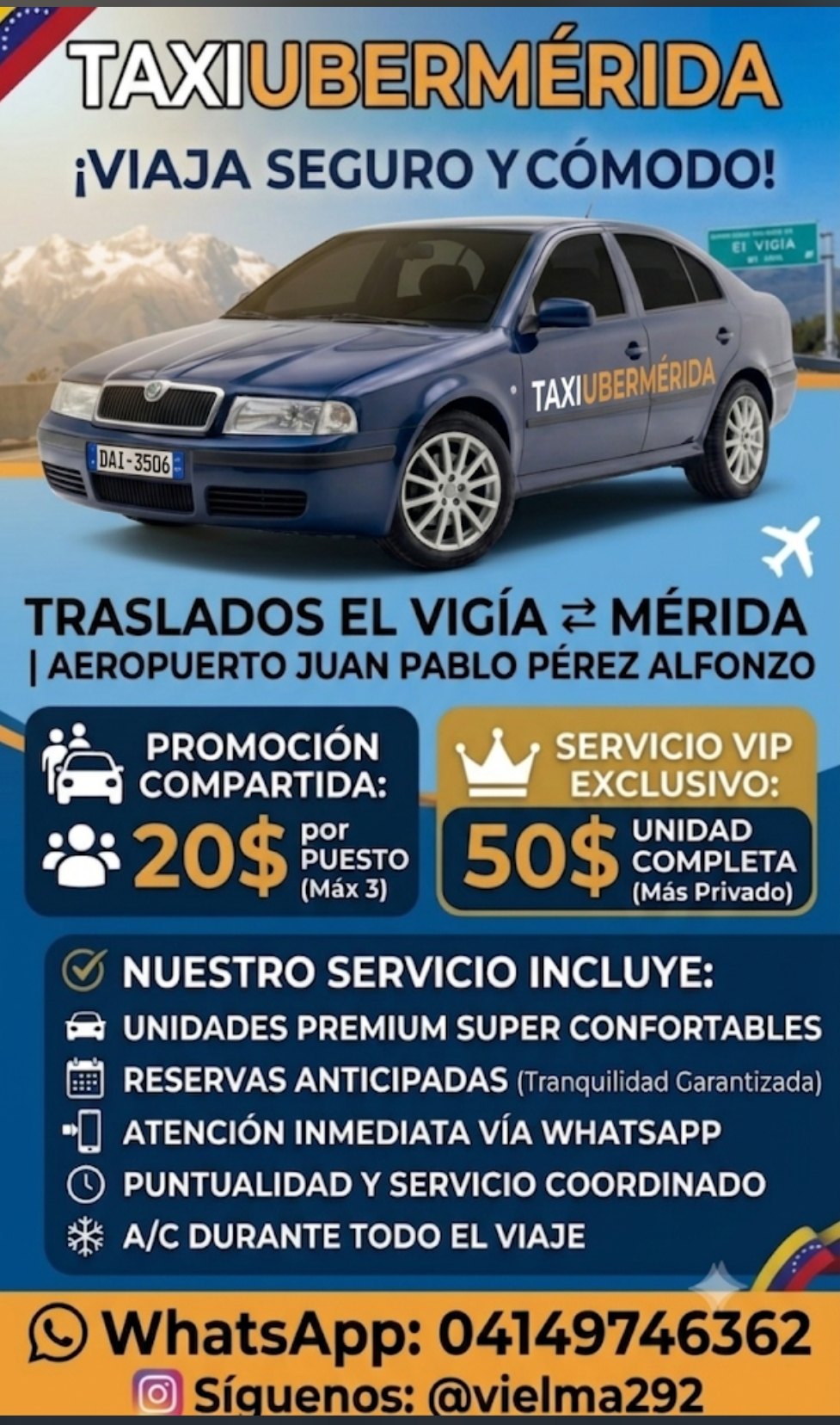 Volante de TaxiUberMérida con las tarifas del traslado El Vigía – Mérida